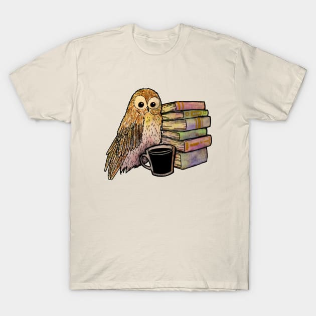 Coffee, books and owl T-Shirt by Coffee Shelf